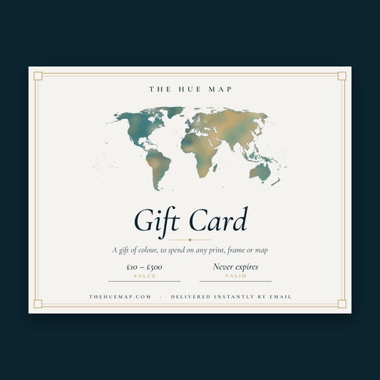 The Hue Map gift card certificate with a watercolour world map in teal and gold, from £10 to £500, never expires
