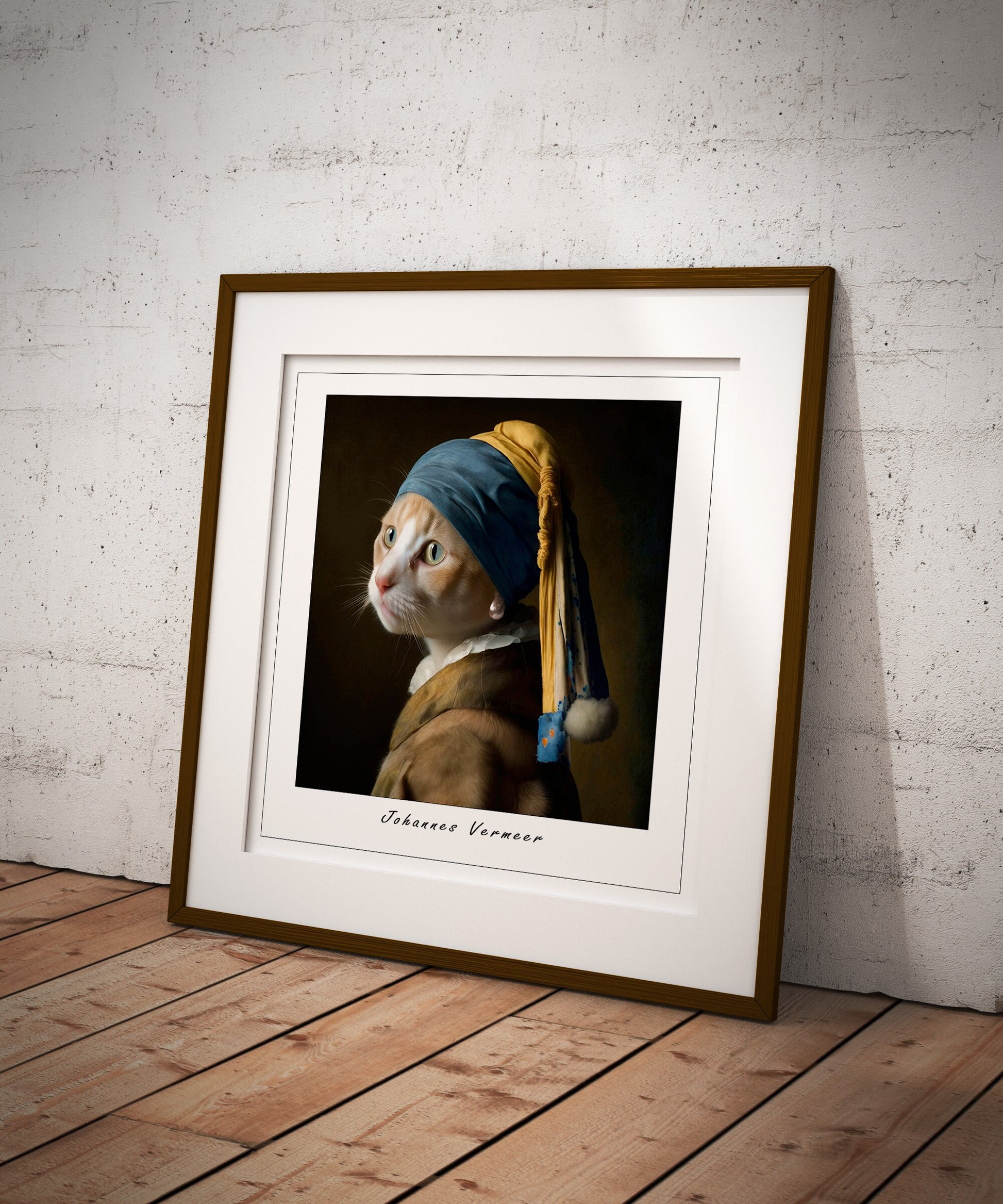 Portrait of ginger cat with pearl earing inspired by Johannes Vermeer.