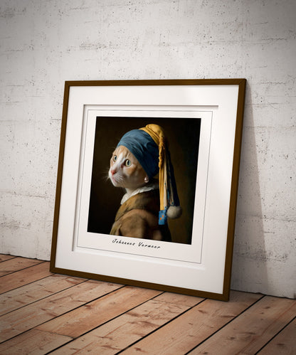 Portrait of ginger cat with pearl earing inspired by Johannes Vermeer.