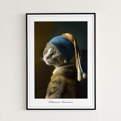 Portrait of Cat with Pearl Earring print | Different sizes available | Johannes Vermeer poster | Cat wall art