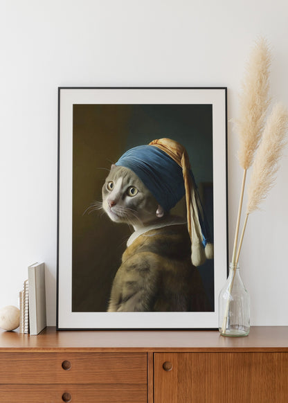 Portrait of Cat with Pearl Earring print | Different sizes available | Johannes Vermeer poster | Cat wall art