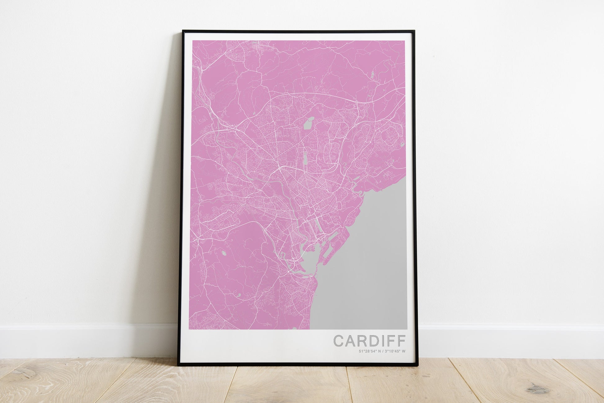 Cardiff city map print in pink colours