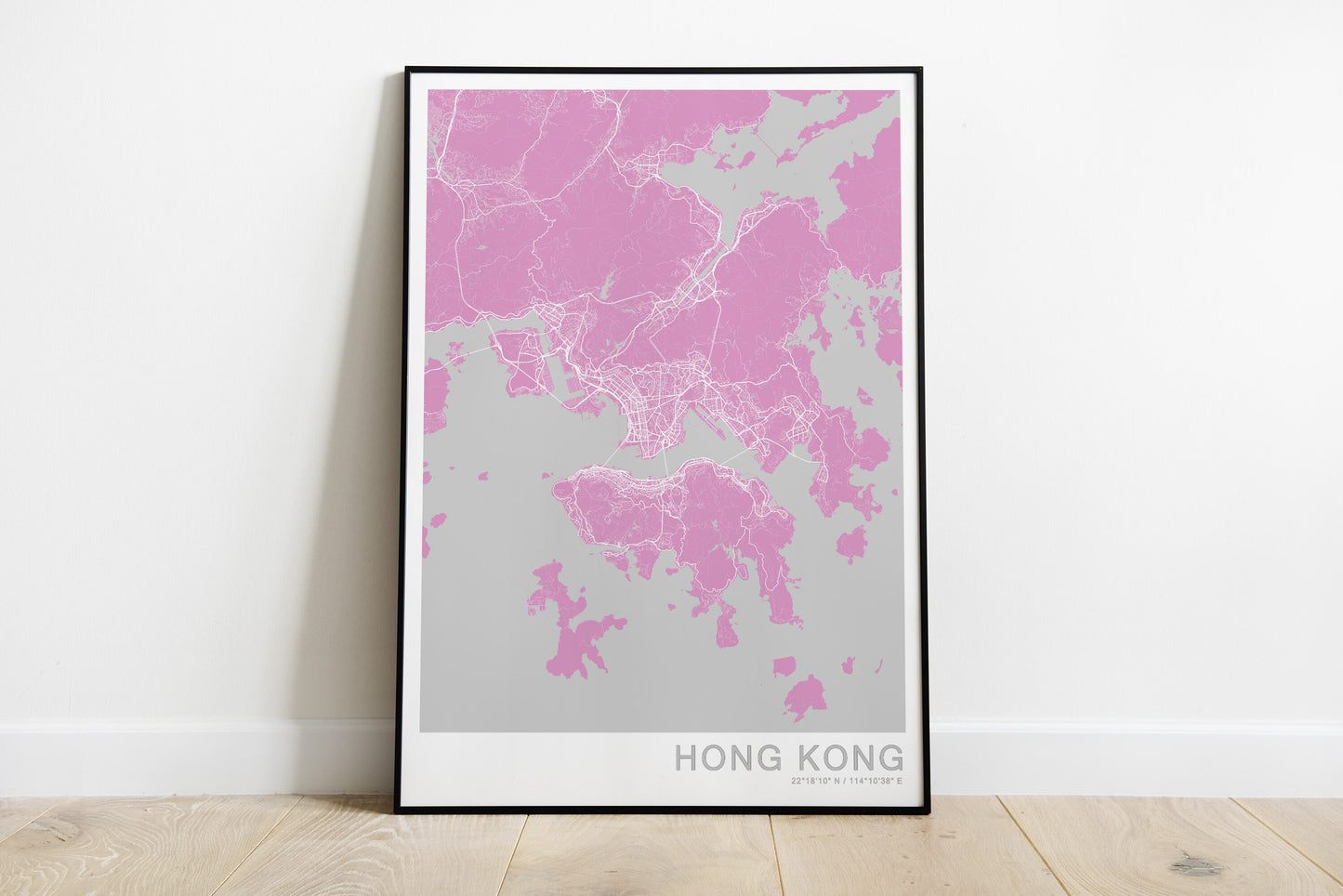 Hong Kong city map in pink and grey colours.