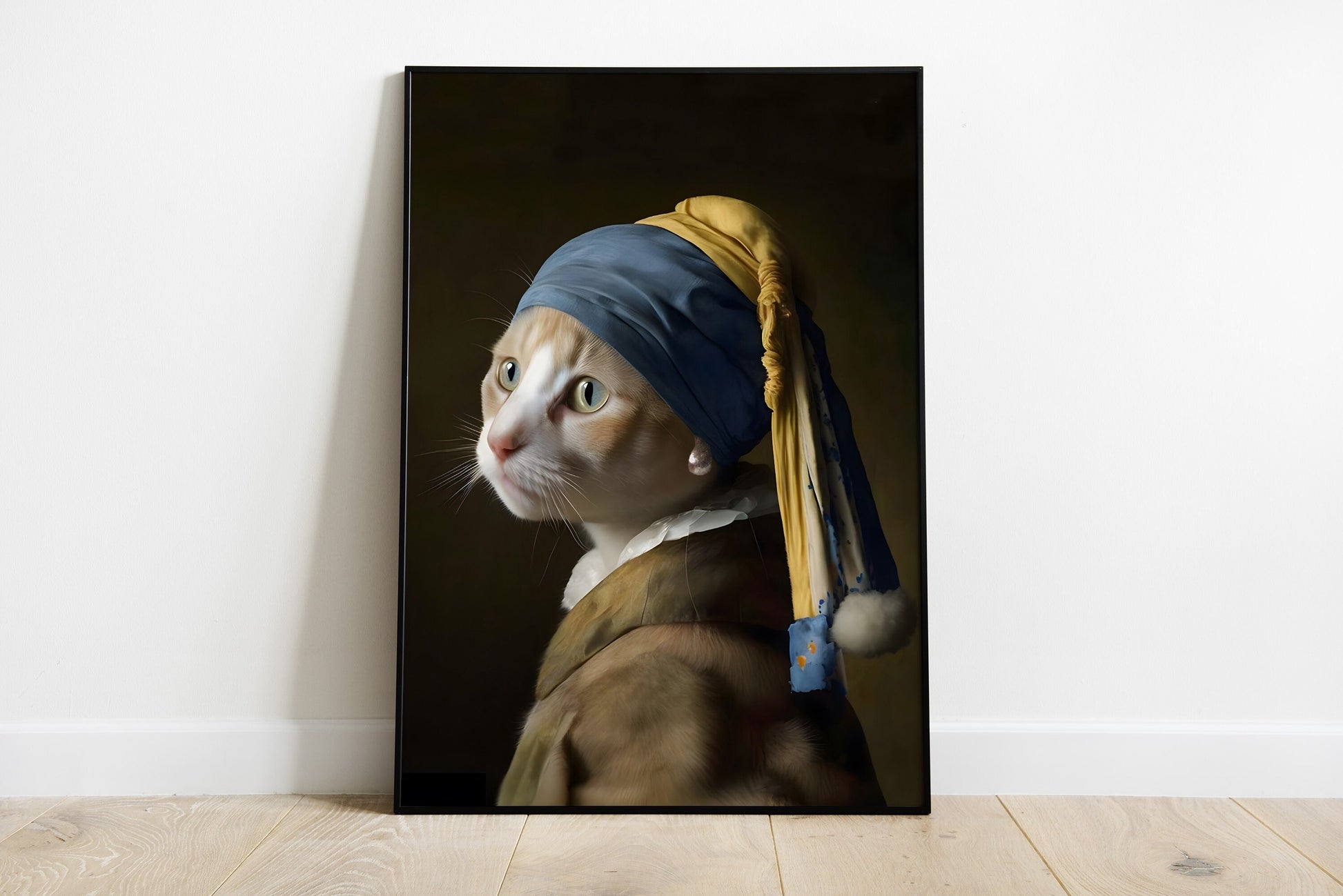 Portrait of ginger cat with pearl earing inspired by Johannes Vermeer.