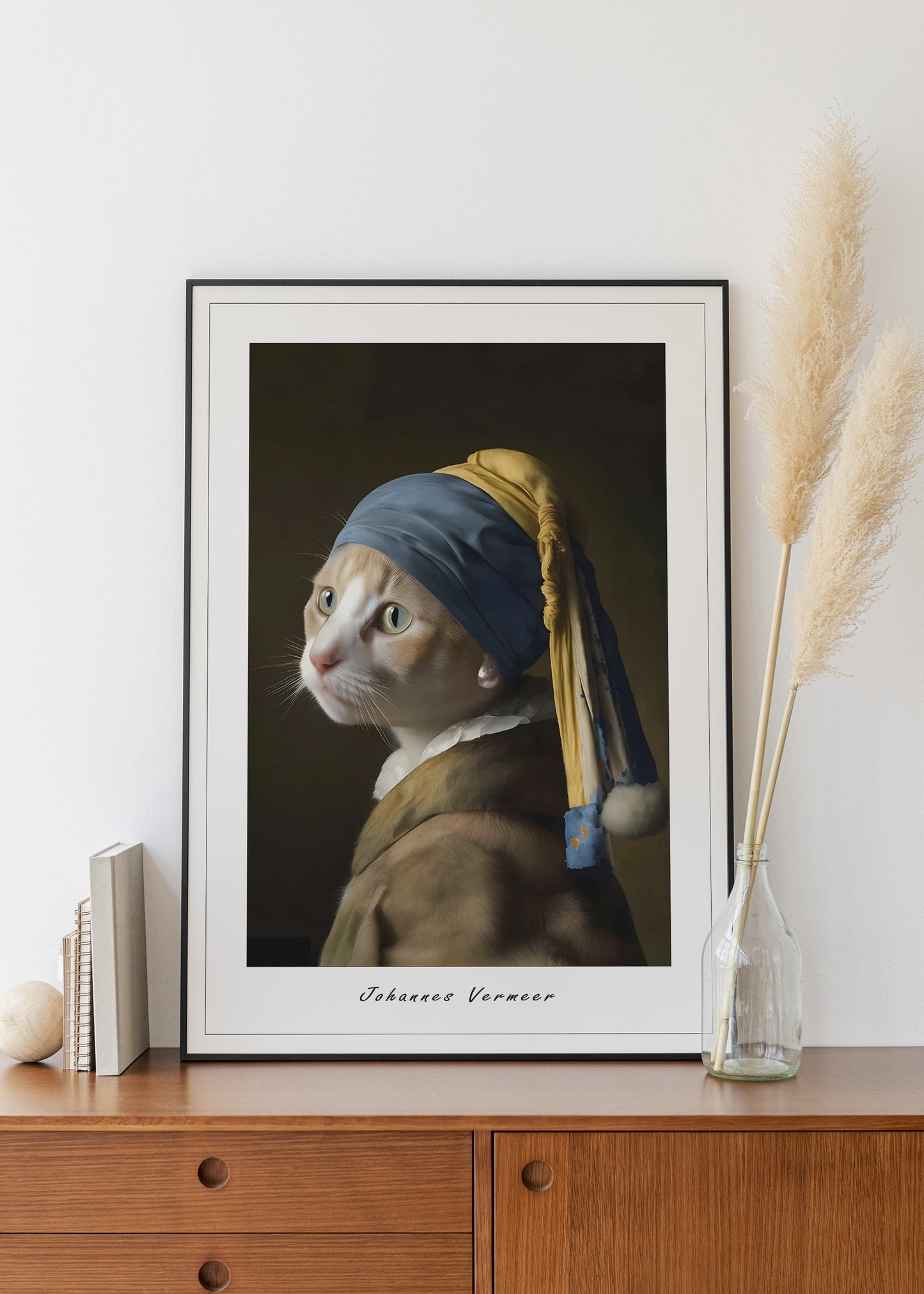 Portrait of ginger Cat with Pearl Earring print | Johannes Vermeer Canvas | Cat wall art | Girl with pearl earring print