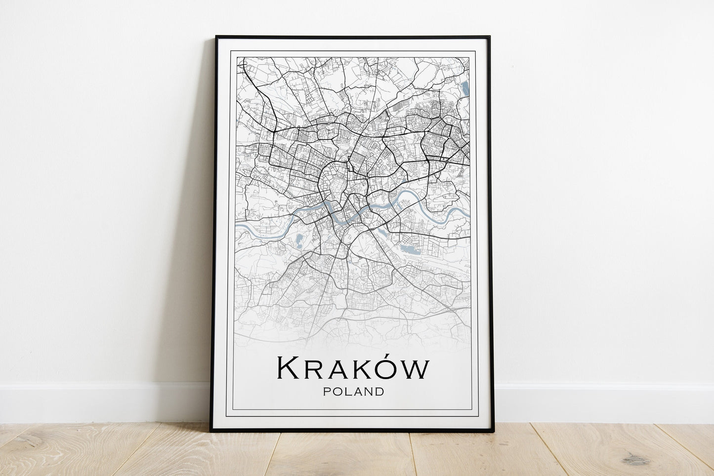 Krakow city map print in black and white and blue waters