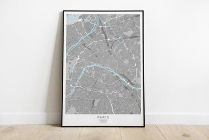 Paris city map print in grey colours