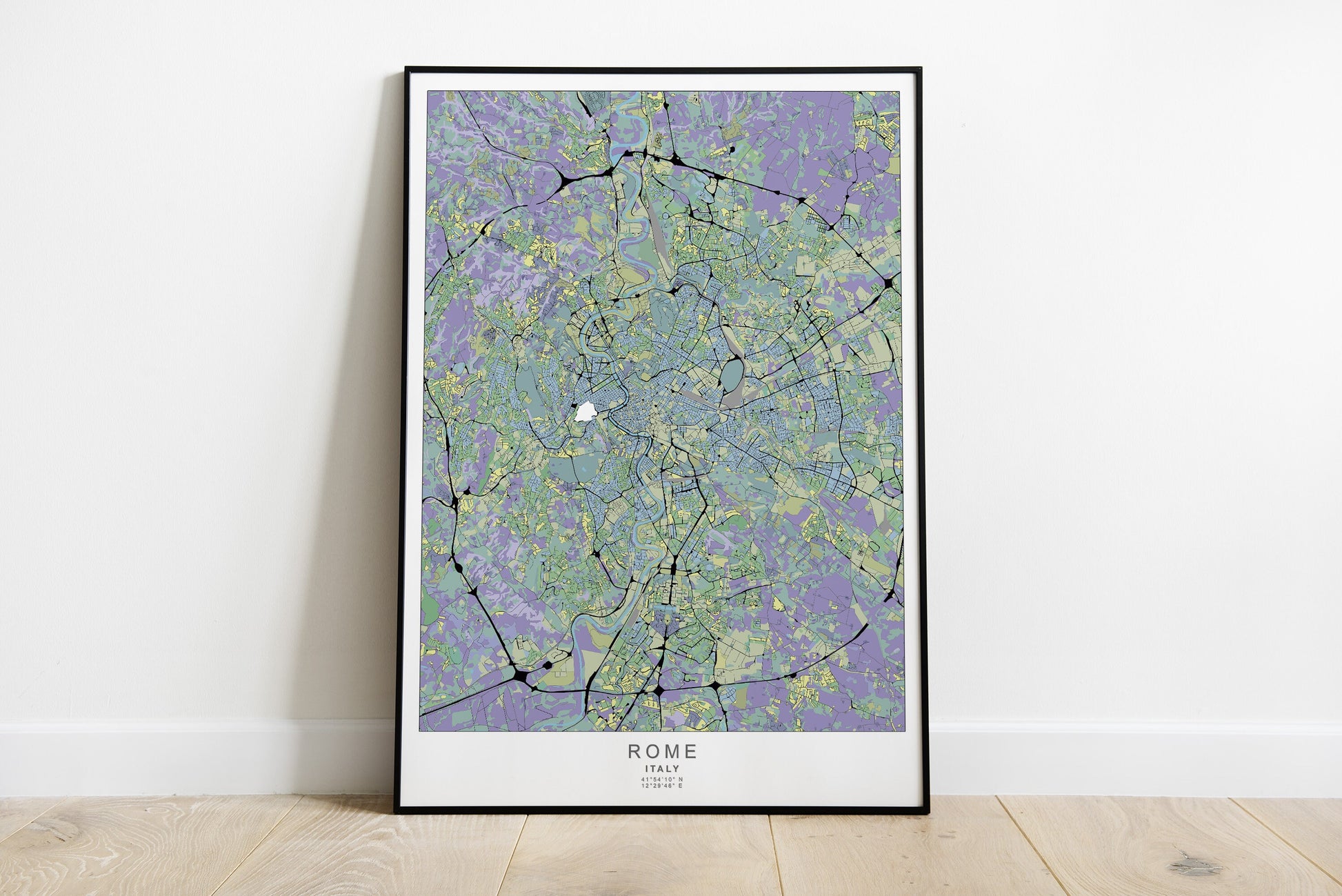 Rome city print in green and purple colours and black roads