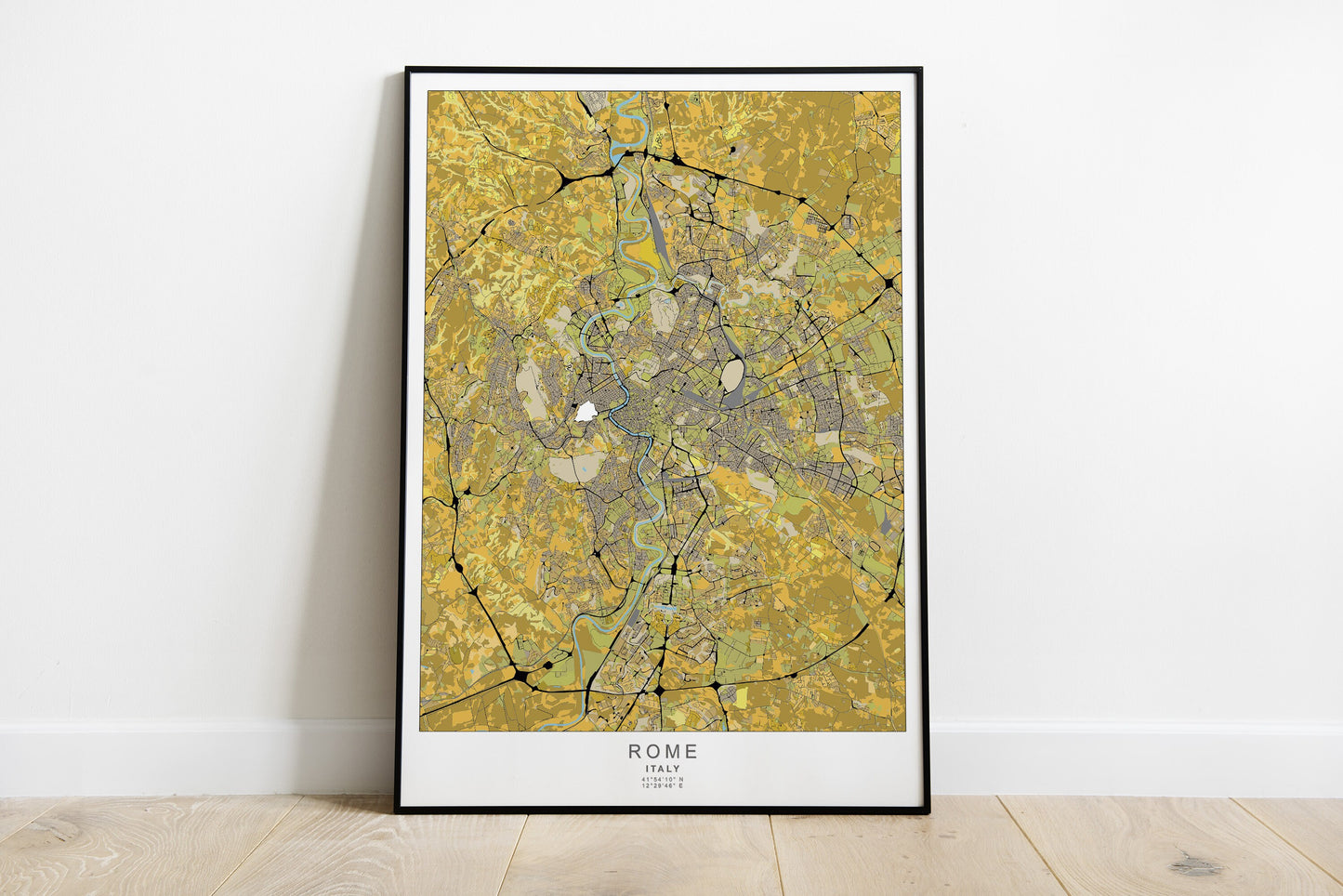 Rome city print in orange and yellow colours with black roads