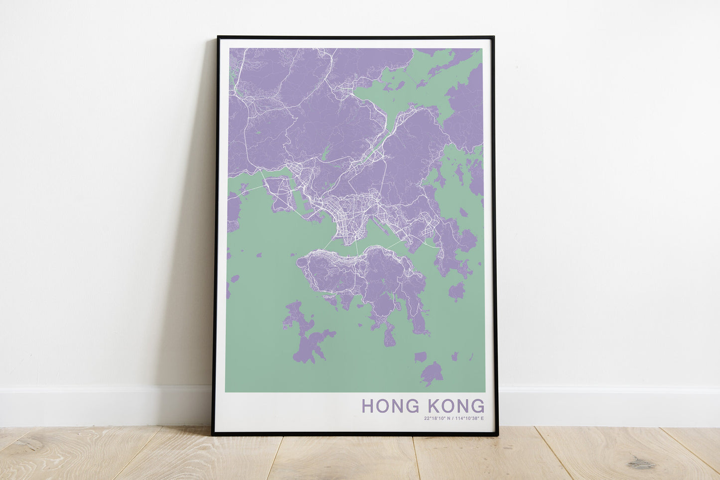 Hong Kong city map in purple and green colours.