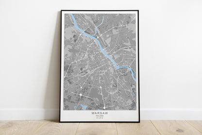 Warsaw city map print in grey colours.