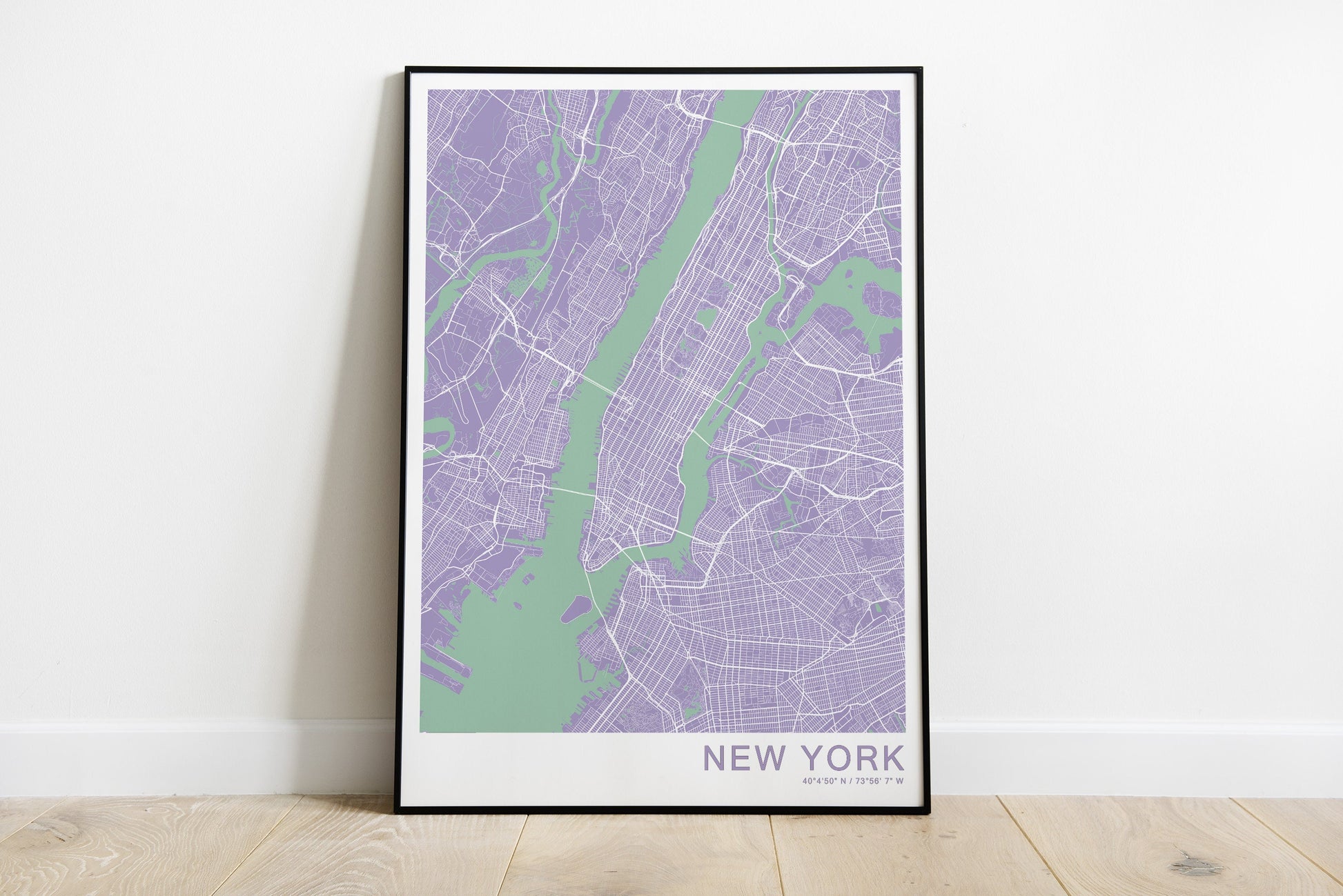 New York city map print in green and purple colours.