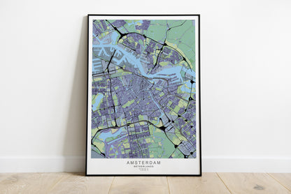 Amsterdam cityprint in purple and green colors.