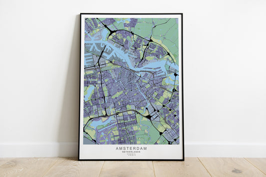 Amsterdam cityprint in purple and green colors.