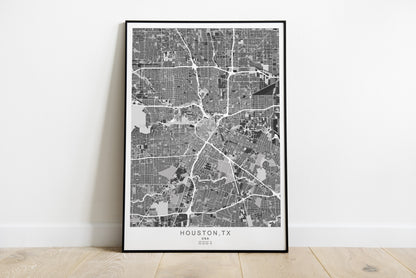 Houston city map print in beautiful grey colors.