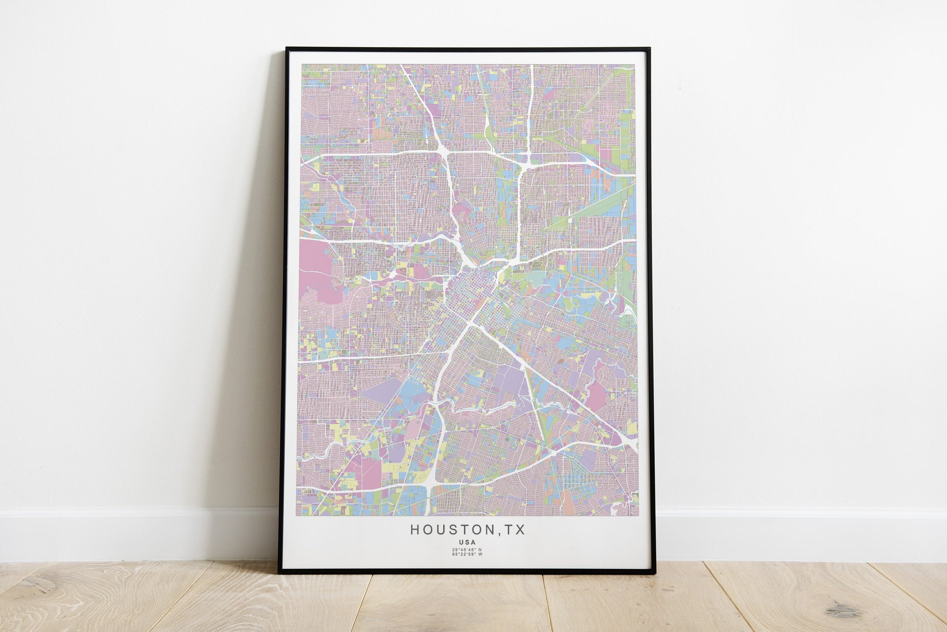 Houston city map print in beautiful blue, purple and yellow and pink colors.