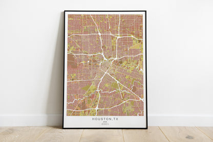 Houston city map print in beautiful red, orange and yellow colors.