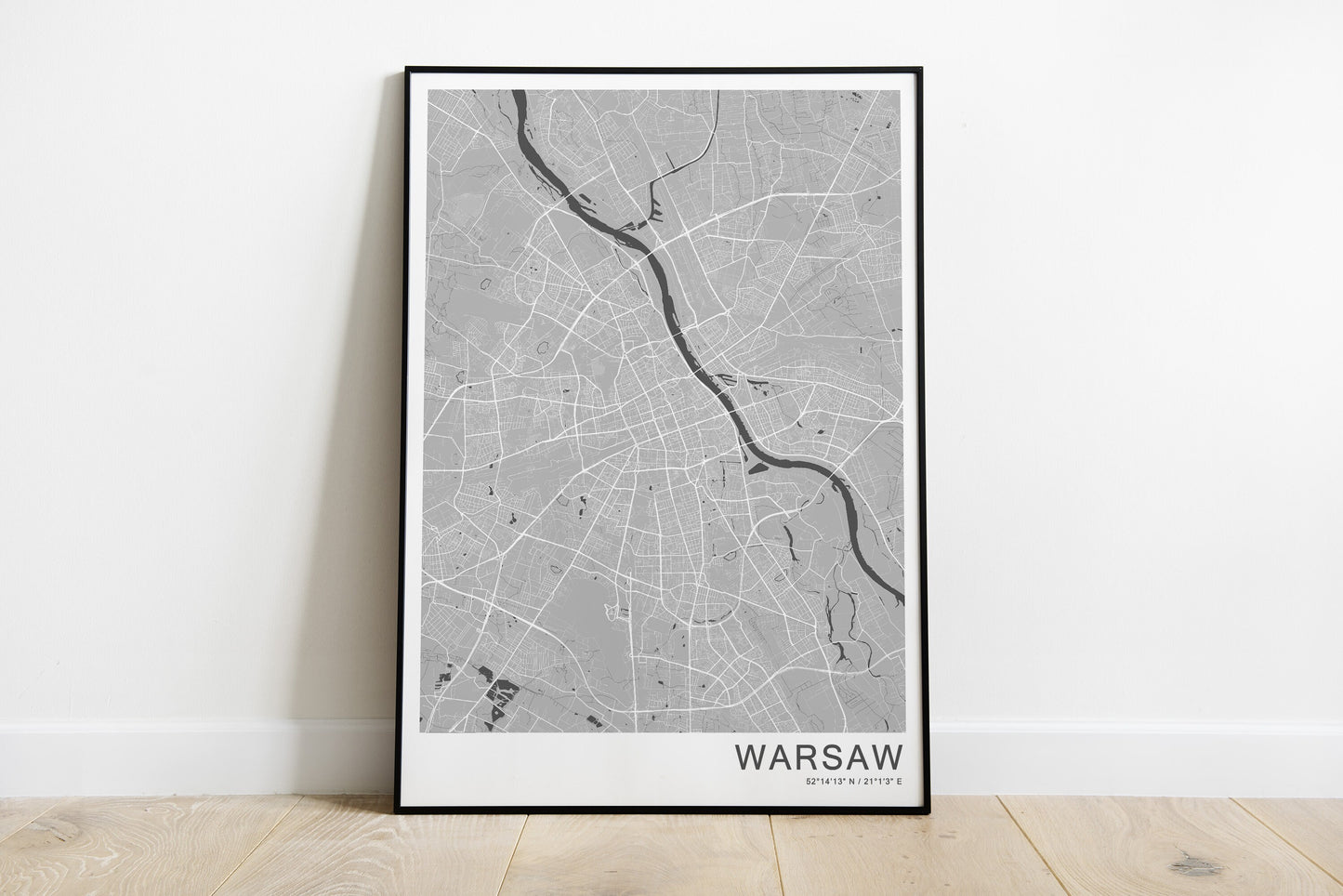 Warsaw city map print in grey colors.