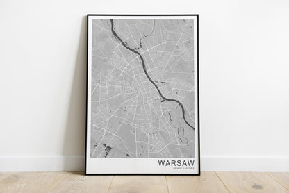 Warsaw city map print in grey colors.