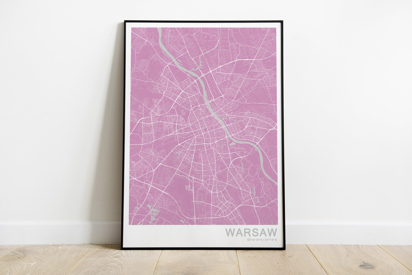 Warsaw city map print in pink color