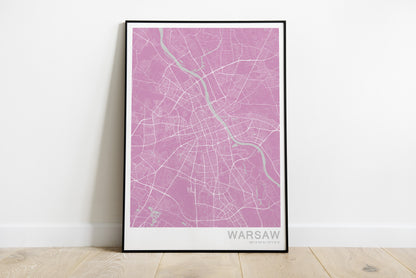 Warsaw city map print in pink color