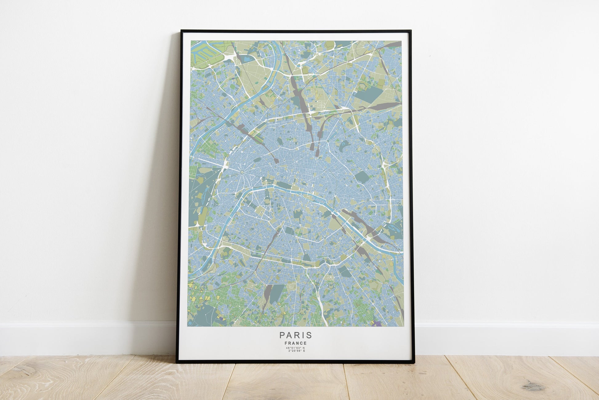 Paris city map print in green and blue colours