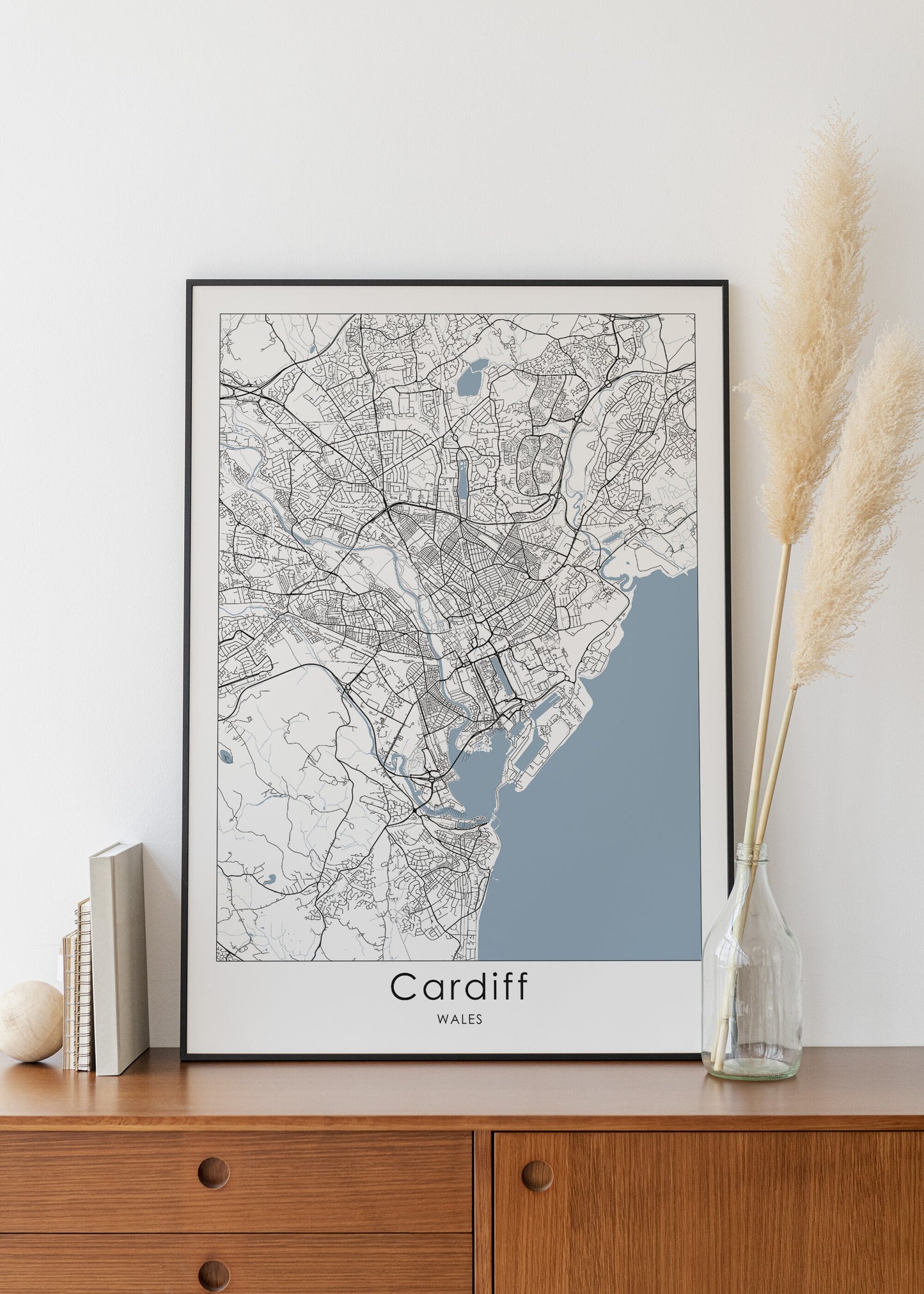 Cardiff city map print in black and white and blue sea.