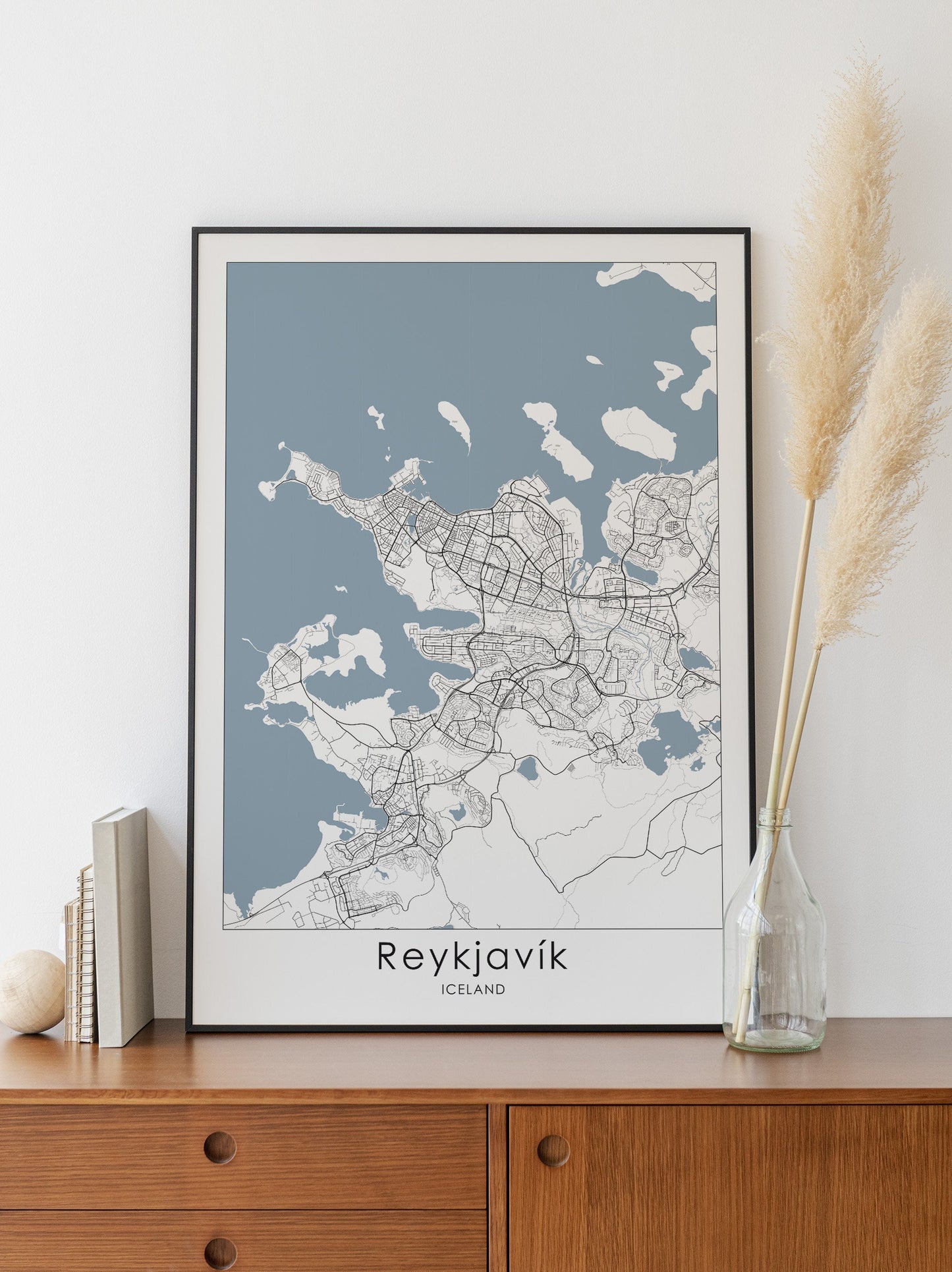 Reykjavik city map print in black and white and blue sea.