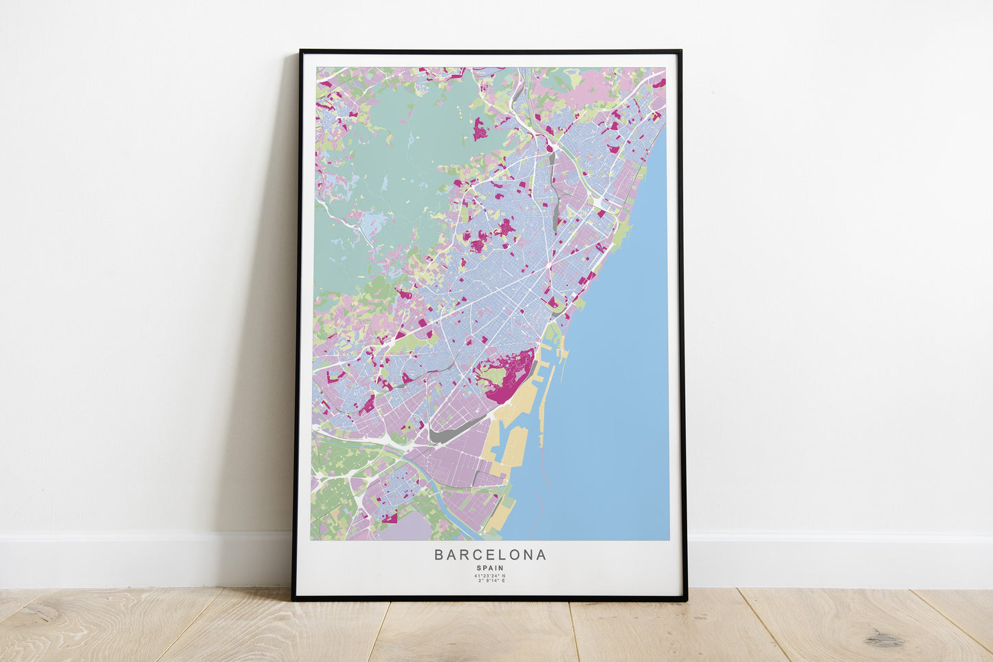 Barcelona city map print in pink and blue bolors.