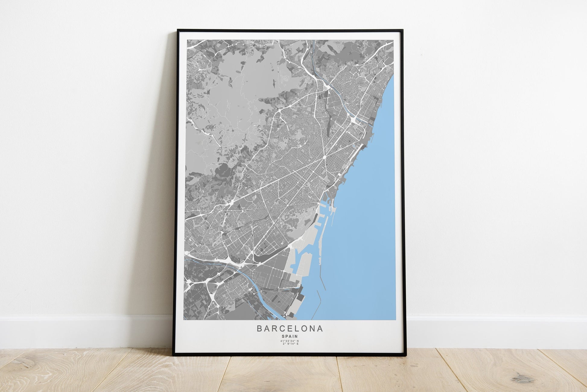 Barcelona city map print in grey colors.