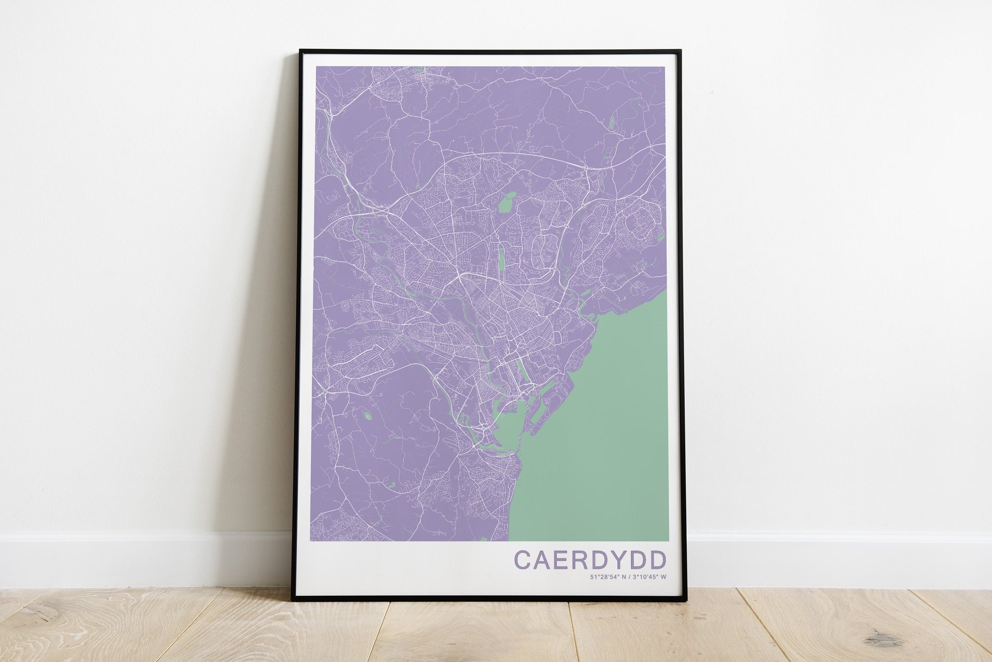 Cardiff city map print in purple colours