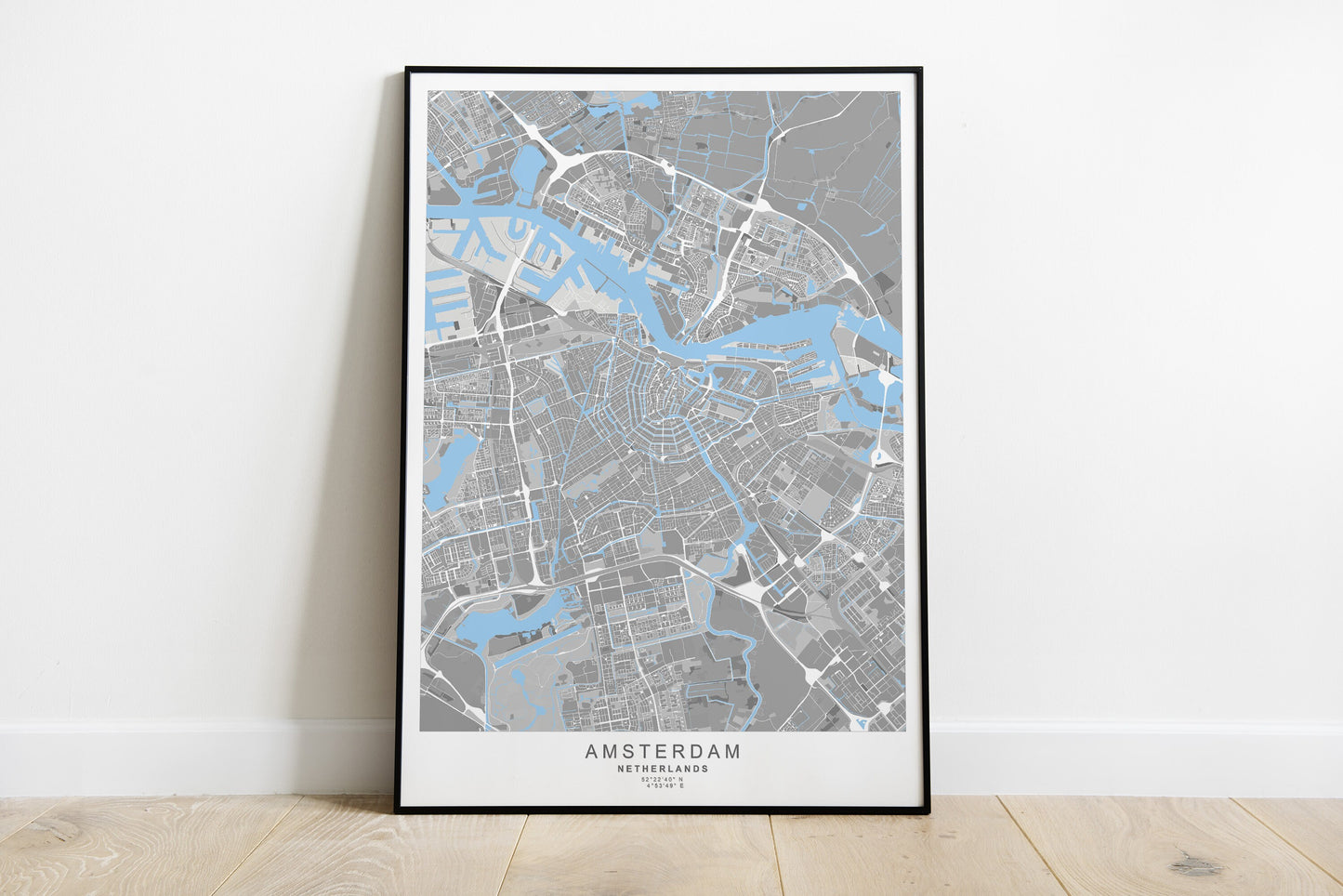 Amsterdam cityprint in grey colors and white streets.