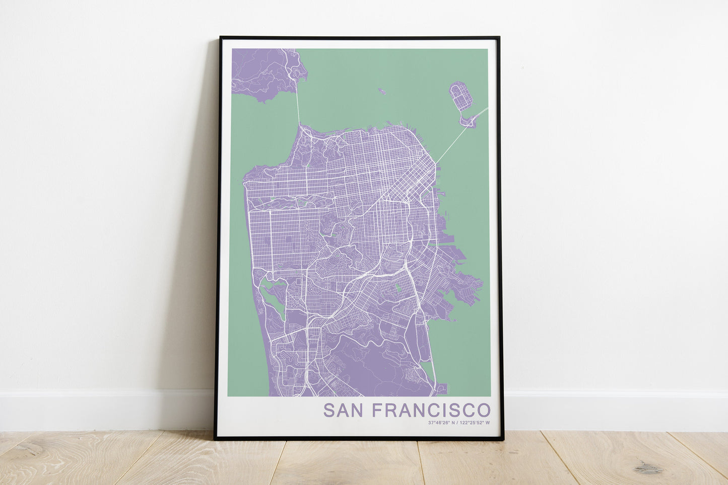 San Francisco city map print in Green and purple colours.