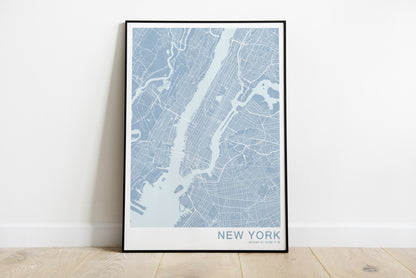 New York city map print in blue colours.