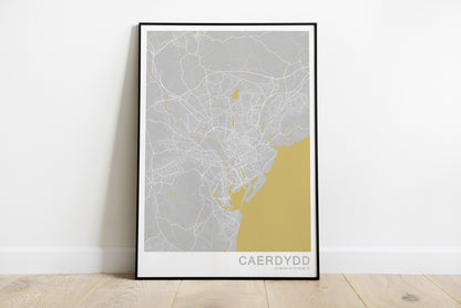 Cardiff city map print in grey and yellow colours