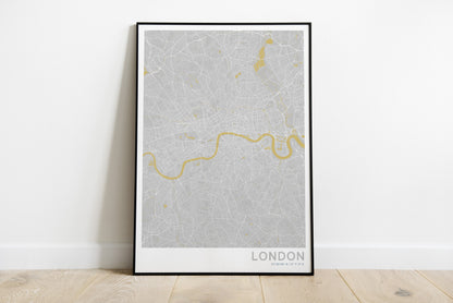 London city map print in grey and yellow colors