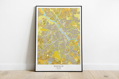 Warsaw city map print in yellow colours.