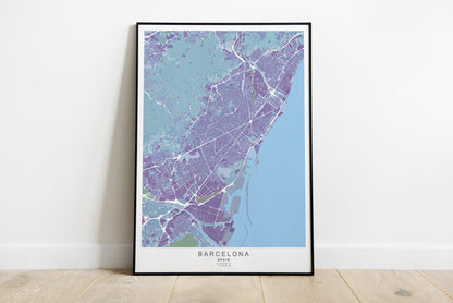 Barcelona city map print in purplecolors.