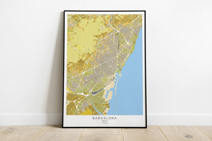 Barcelona city map print in yellow colors.