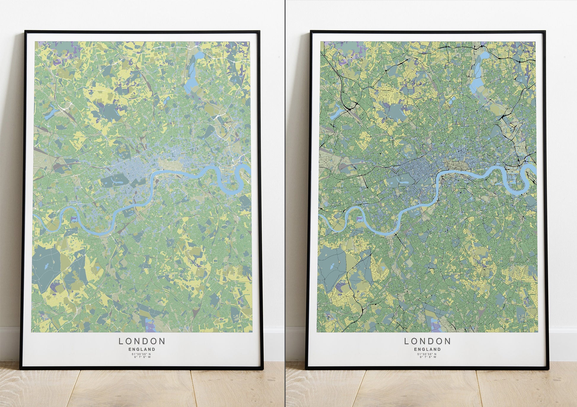 London city map print in green tones.