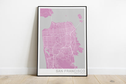 San Francisco city map print in grey and pink colours.