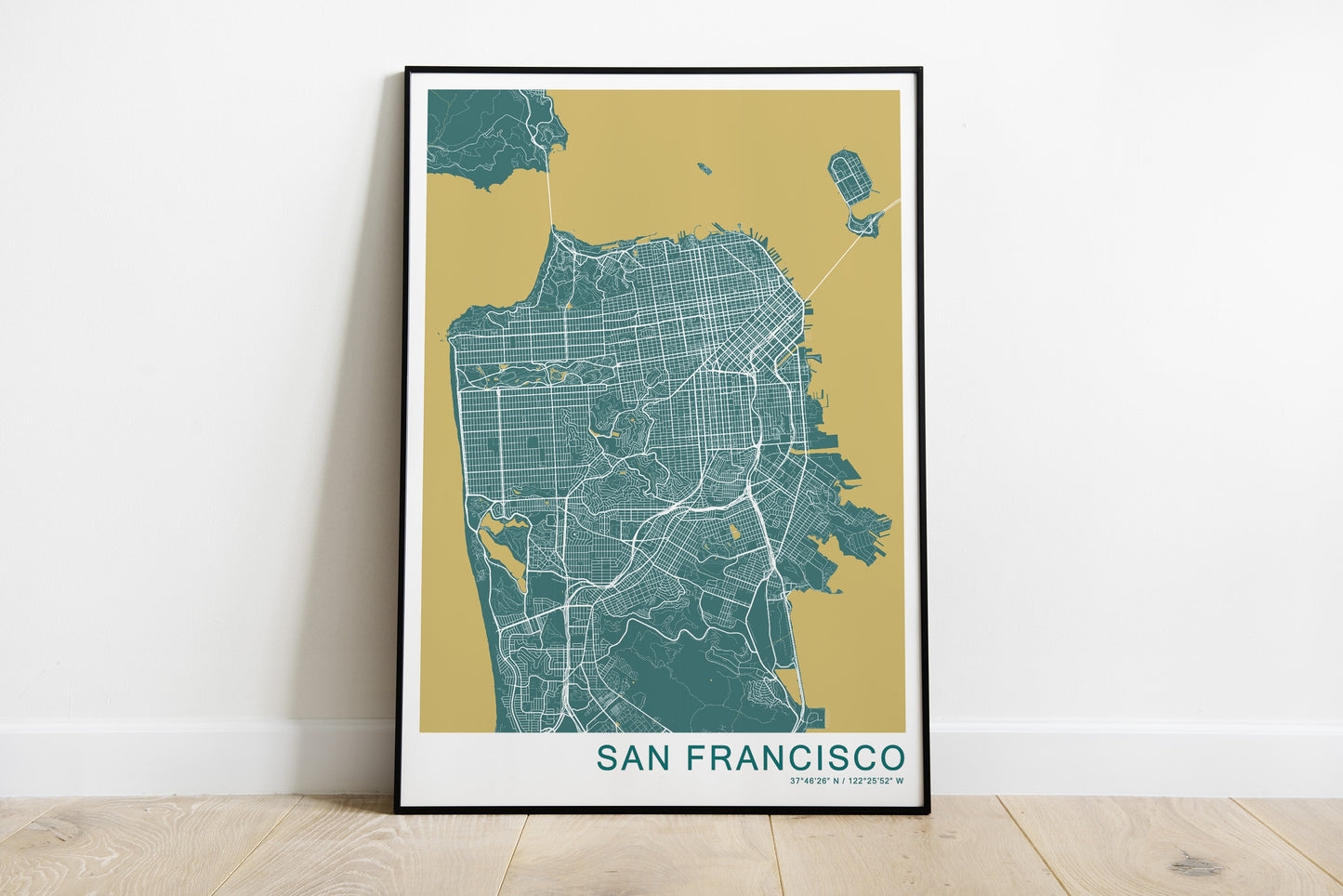 San Francisco city map print in Green and yellow colours.