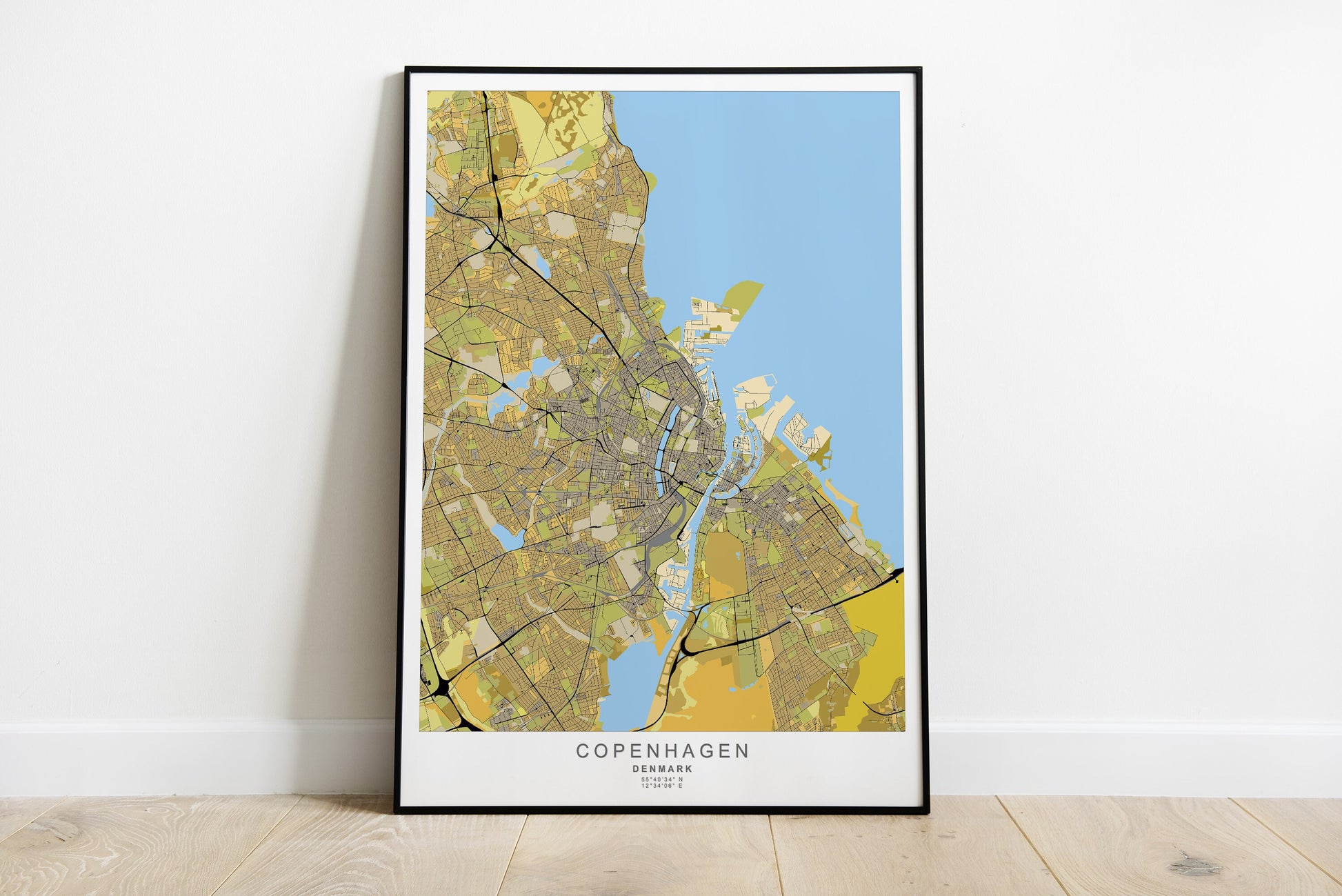 Copenhagen city map print in yellow colors