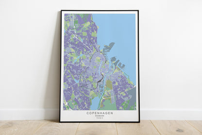 Copenhagen city map print in purple tones