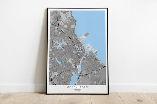 Copenhagen city map print in grey tones