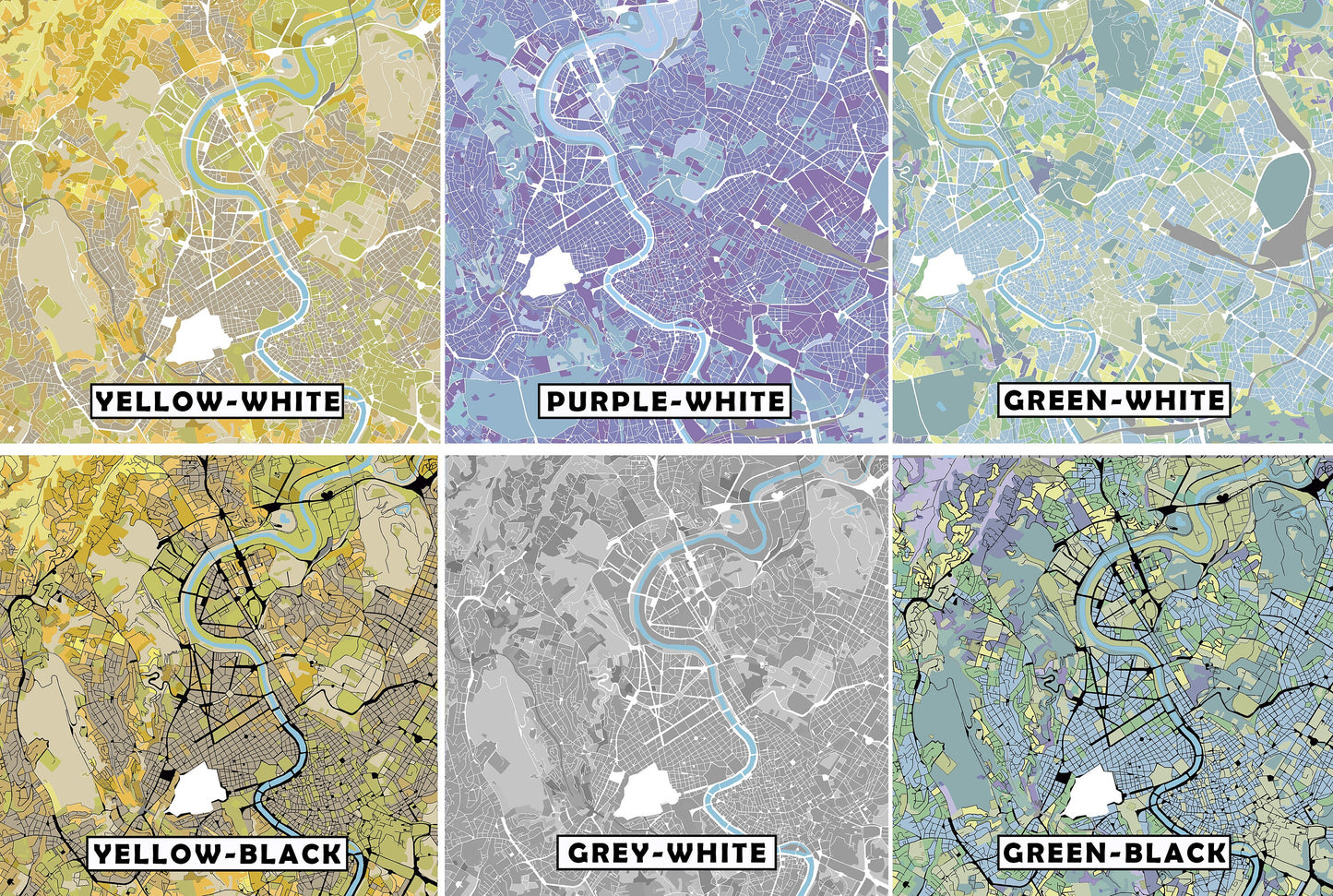 All different colour styles for the Rome city map print