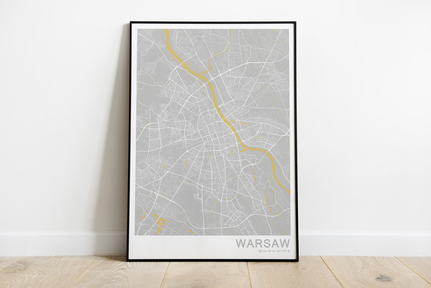 Warsaw city map print in grey and yellow color