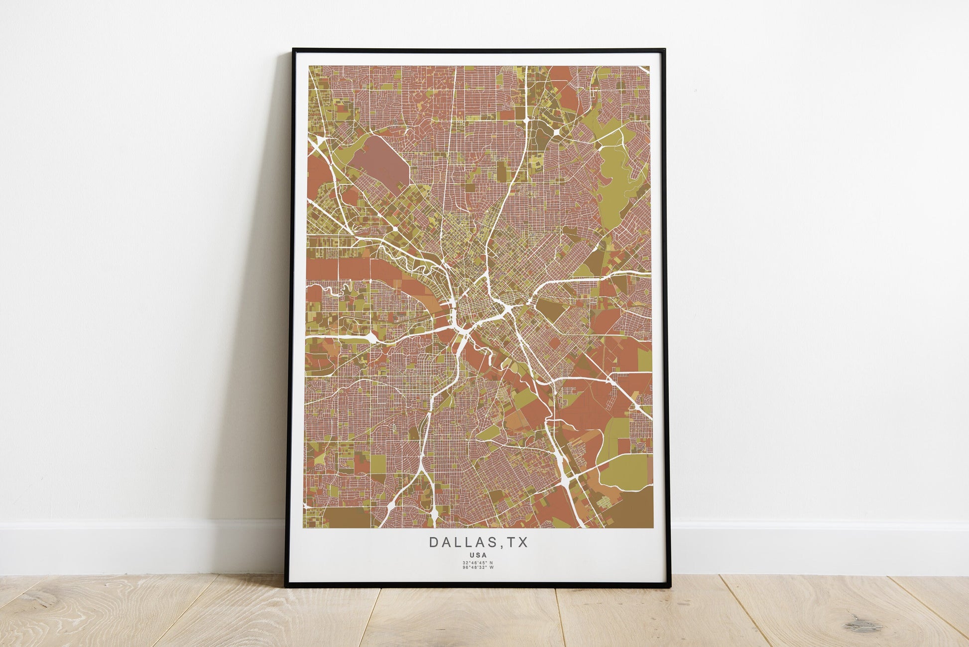 Dallas city map print in red colours