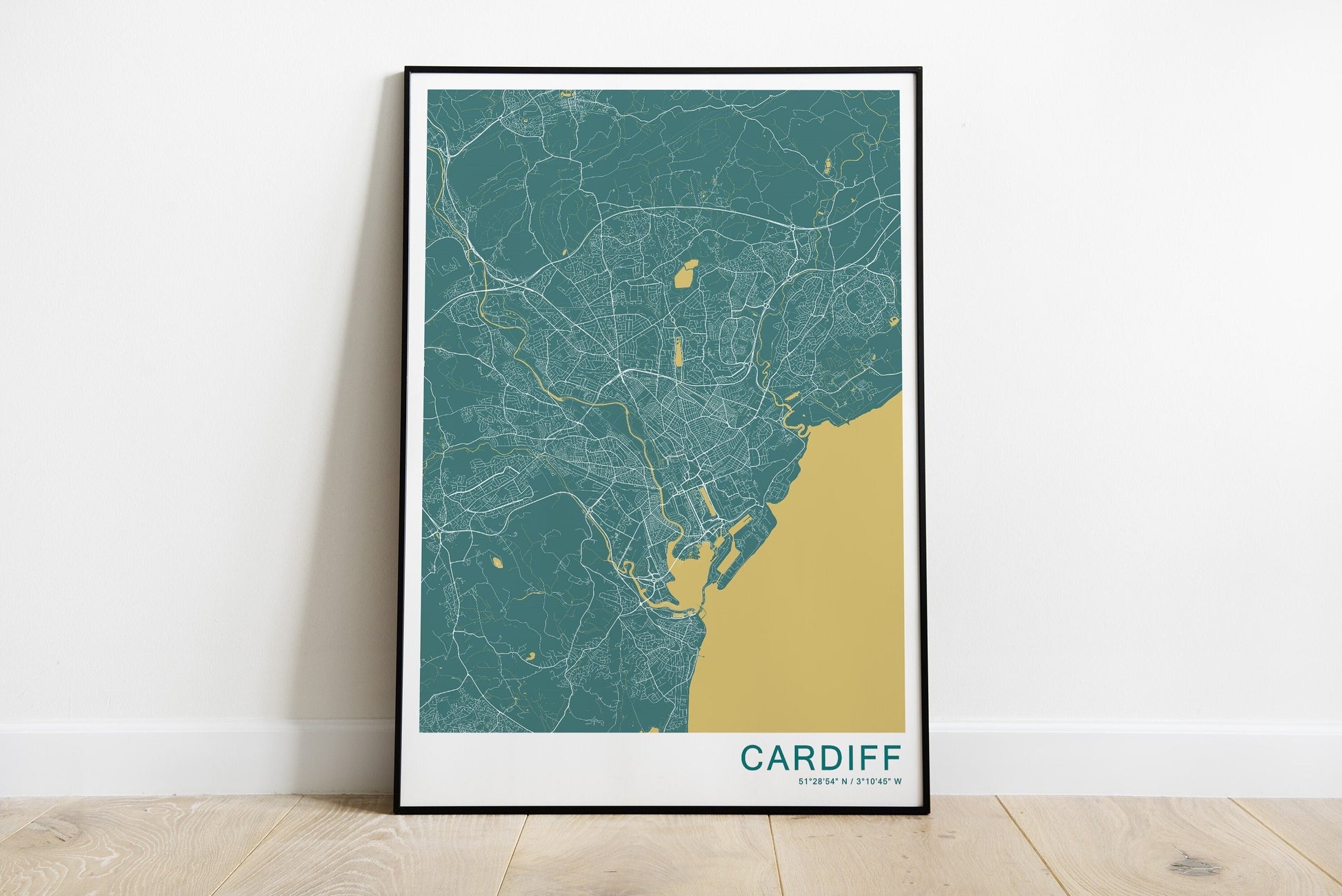 Cardiff city map print in green and yellow colours.