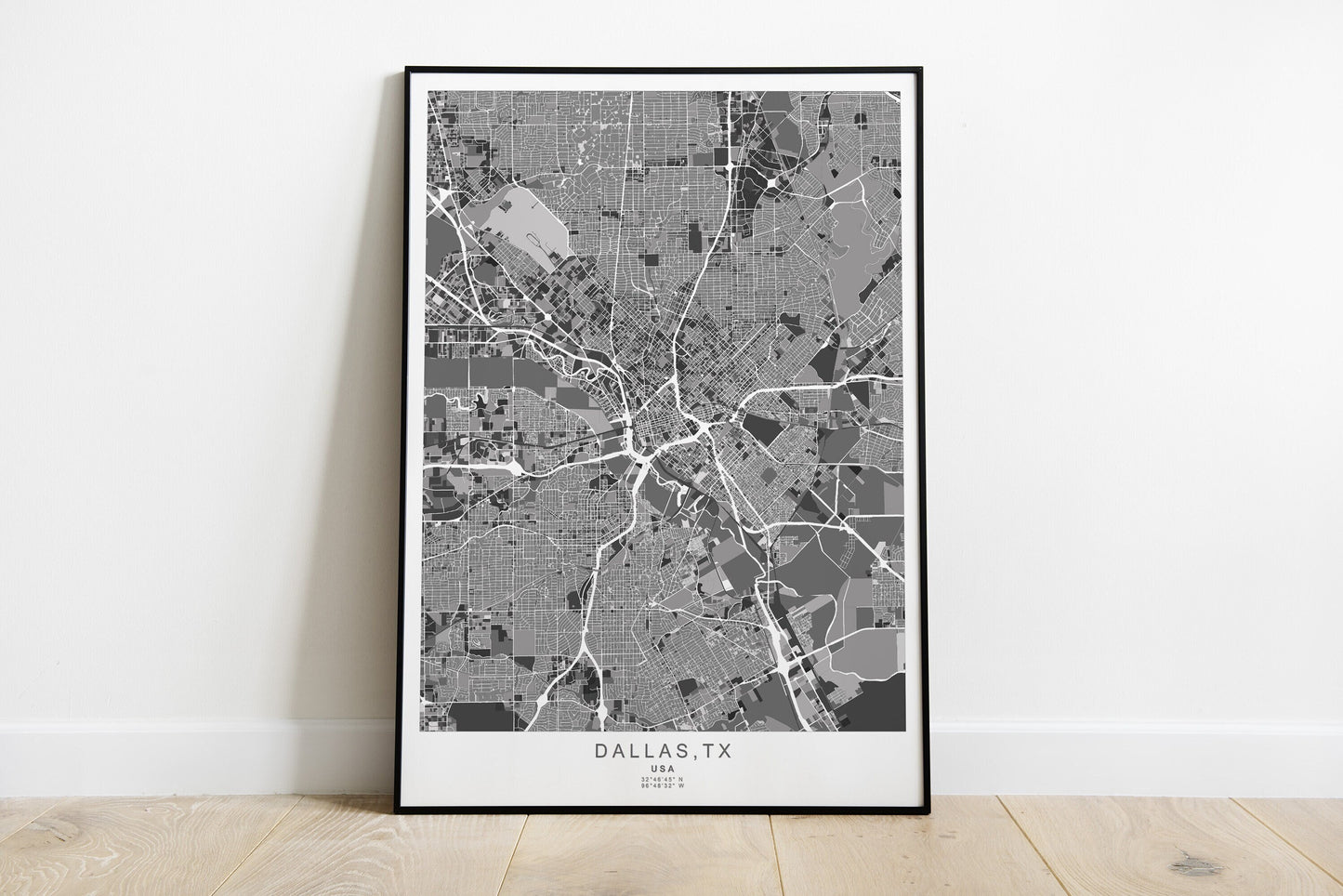 Dallas city map print in grey colours